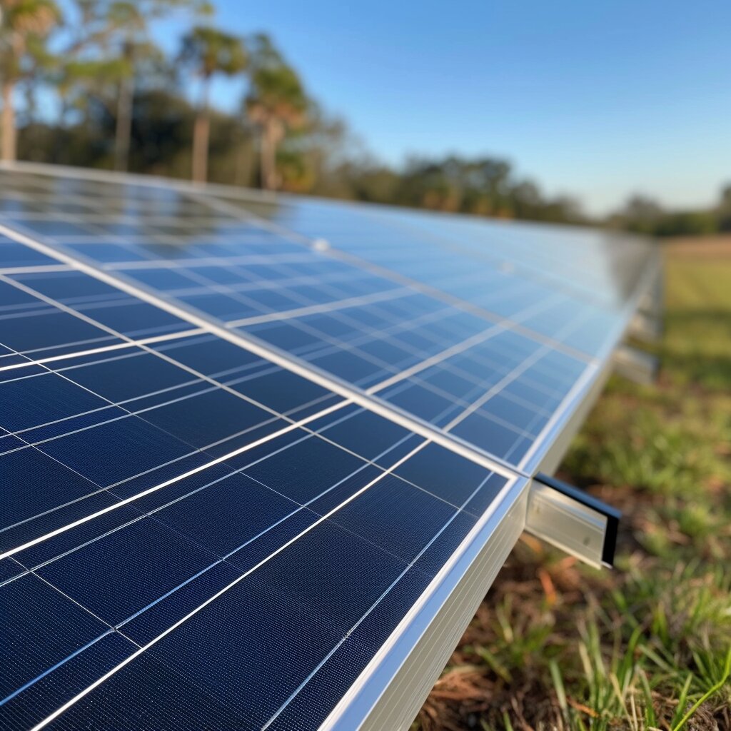 A close-up image of a solar panel set against the backdrop of a field, focusing on the panel's surface and the intricate details of its cells that capture and convert sunlight into energy, illustrating the blend of technology and nature in renewable energy generation.