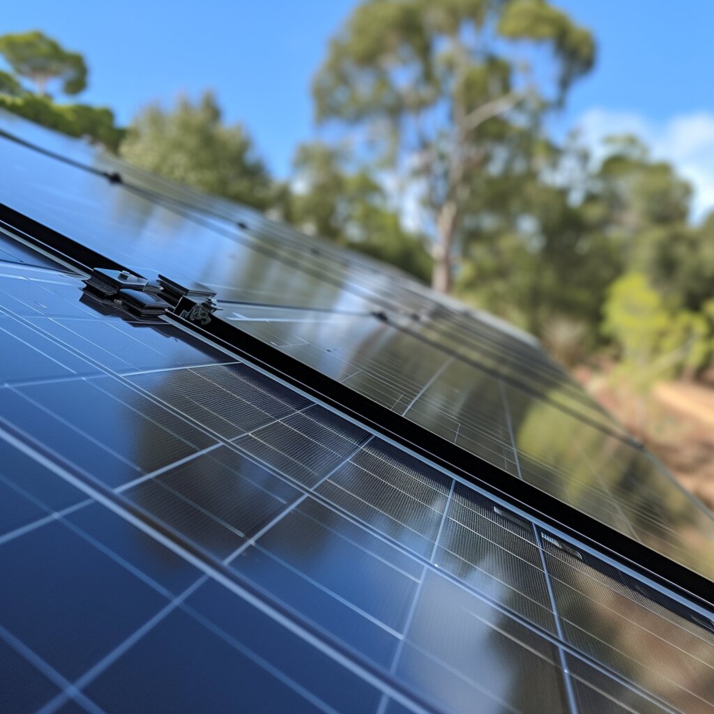 A close-up of a solar panel in a field, with trees in the background, showcasing the panel's technology amidst natural surroundings, highlighting renewable energy in a serene setting in houston by employee