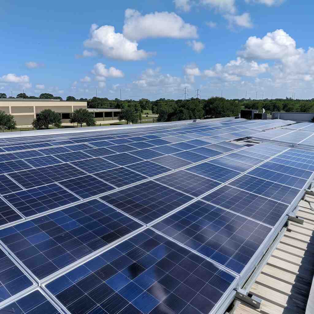 Solar panels atop a warehouse roof, overlooking trees.