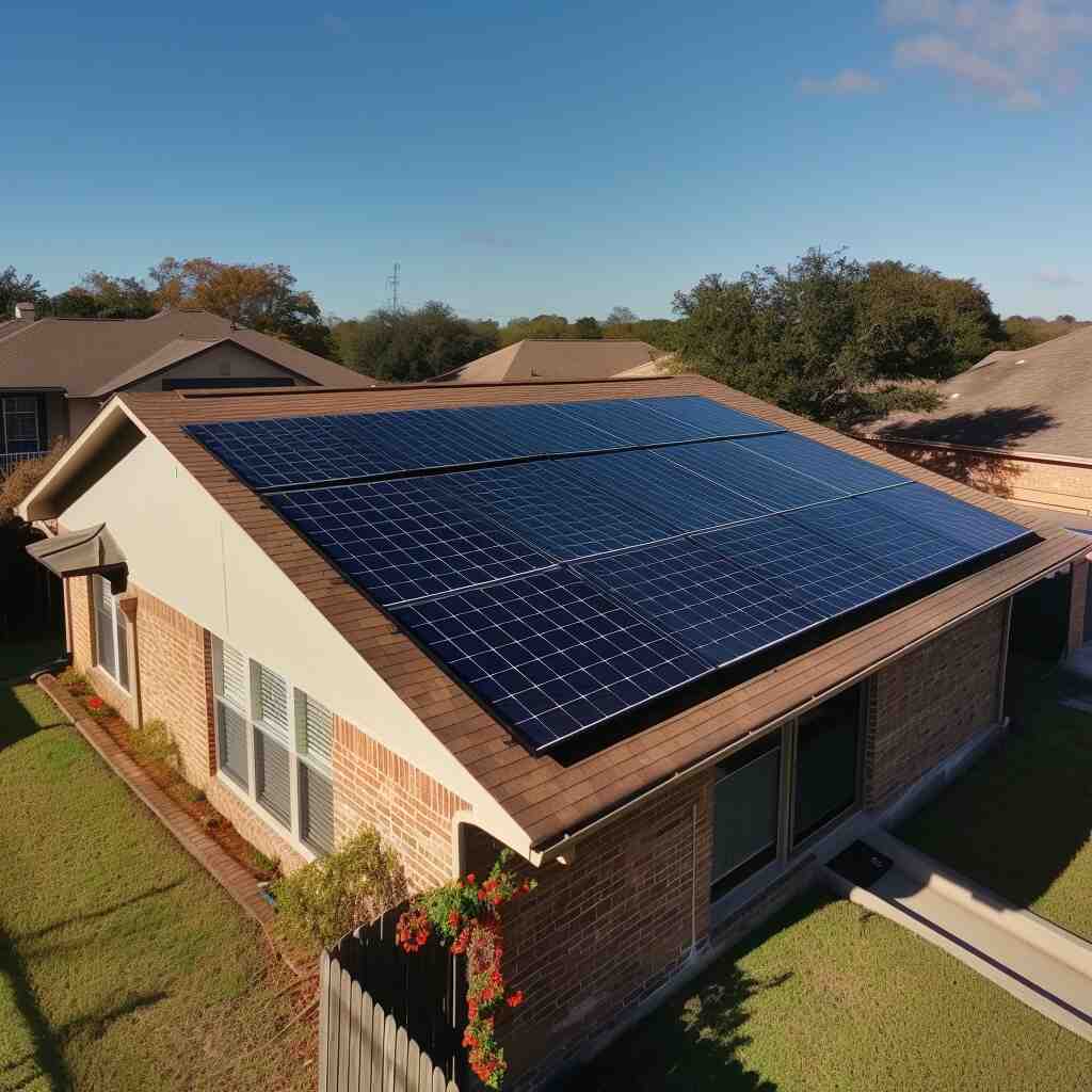 a perfectly symmetrical solar install on the back of a house in a middle class neighborhood in Houston Texas taken on drone from employee