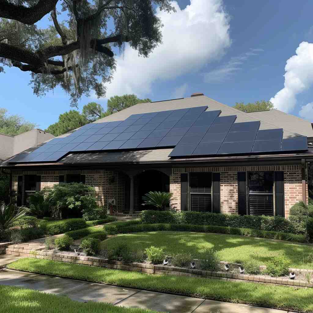 a beautiful day showcasing the completed rooftop solar installation in a upscale residential neighborhood