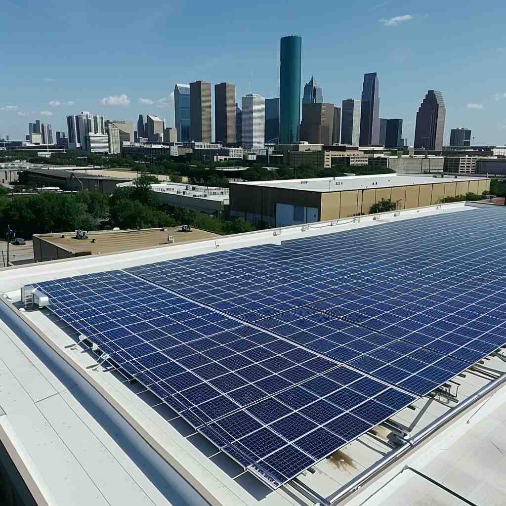 Solar panels on a warehouse roof with Houston skyscrapers in the background.