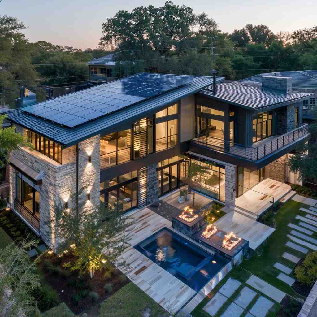 Luxurious home with metal roof, utilizing solar on one of the faces