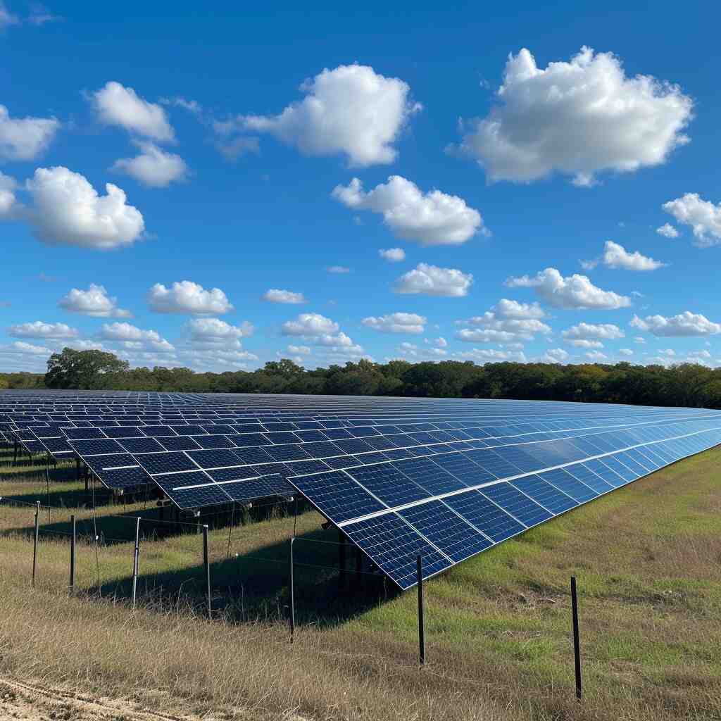 An expansive field of solar panels, systematically aligned to efficiently harvest solar energy. This large-scale solar farm represents an investment in renewable power, showcasing a seamless blend of technology and environmental stewardship against a serene landscape.