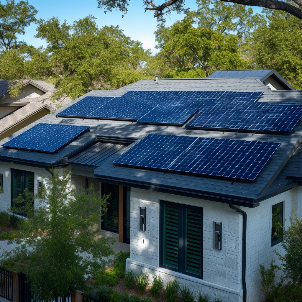 Solar panels mounted on the back of a well-maintained residential home, showcasing a practical approach to harnessing renewable energy in a suburban setting