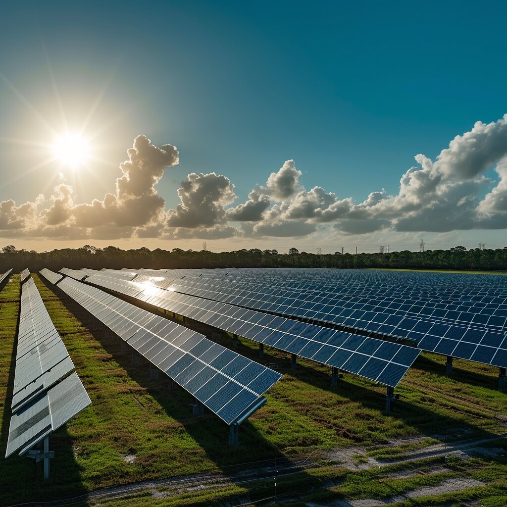 An expansive array of solar panels stretches across a farm near Houston, converting sunlight into clean energy, reflecting the area's dedication to renewable power generation taken by employee