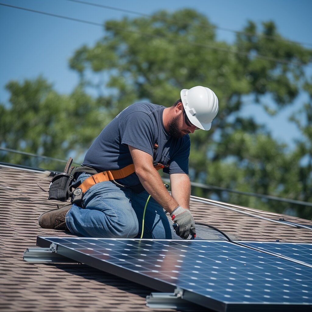 A man is seen installing solar panels on a residential roof, meticulously securing each panel in place. He is equipped with safety gear and tools, working under a clear sky, symbolizing a hands-on contribution to the adoption of renewable energy sources in a home setting