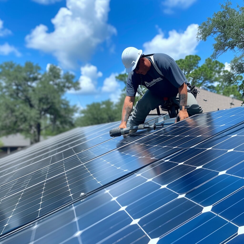 one of our employees fastening a panel to complete a solar install