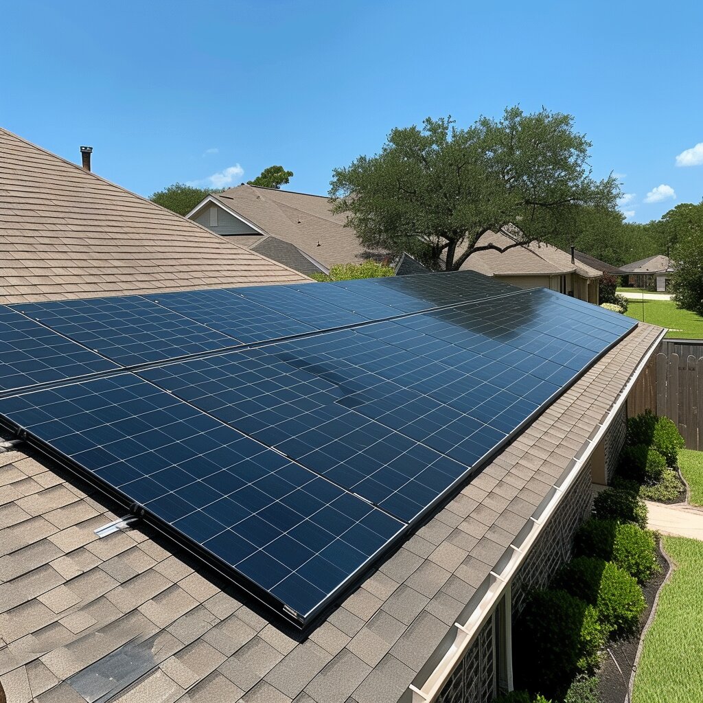 A residential roof topped with a neatly arranged solar panel array, capturing the sun's rays to generate clean energy. The panels cover a significant portion of the roofing, illustrating a homeowner's investment in sustainable and renewable power solutions within a suburban setting