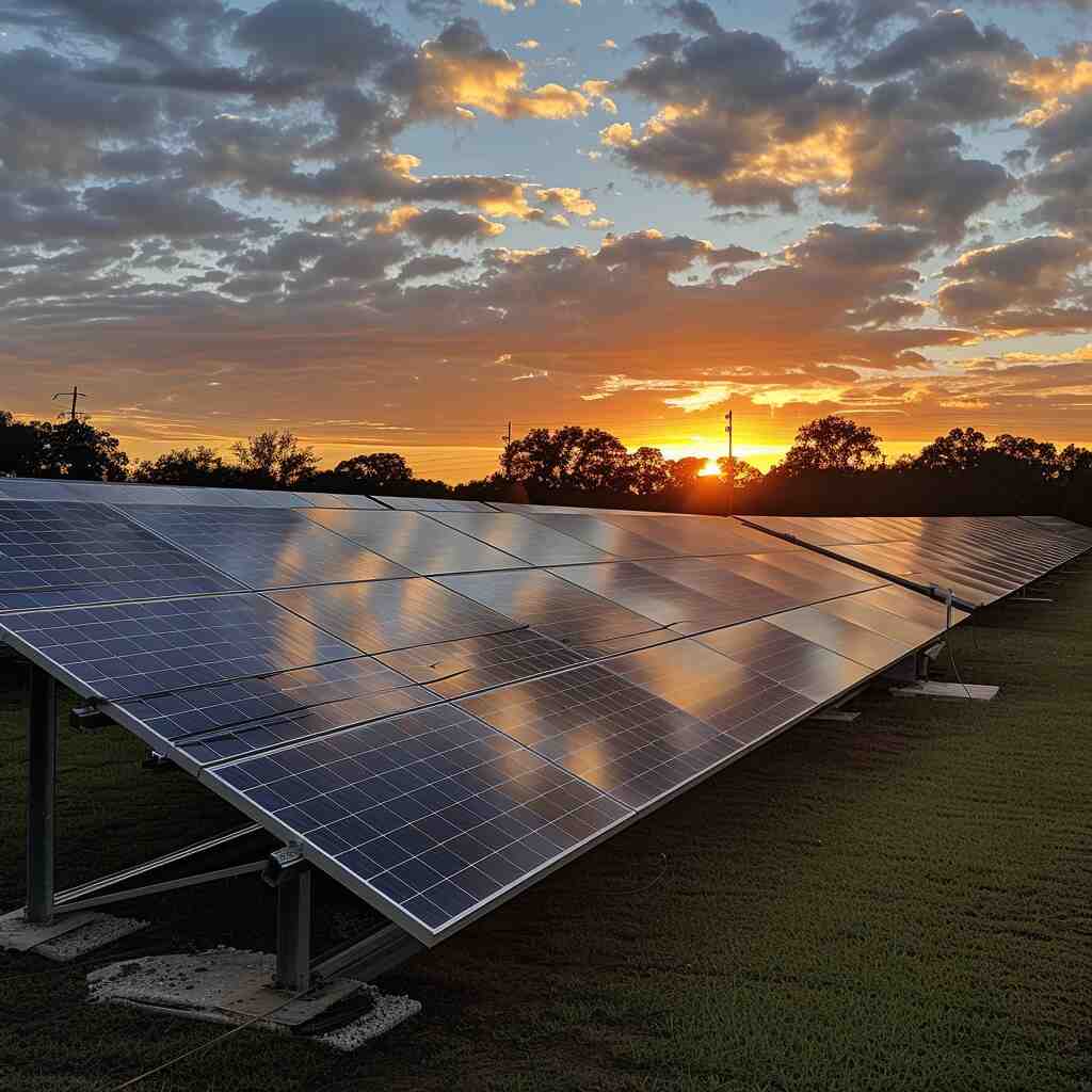 sunlight to generate renewable energy. The panels are arranged in neat rows, tilted at an optimal angle to maximize energy absorption. This setup