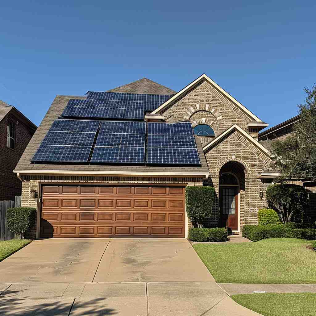 A solar panel system installed on the roof of a house located in a picturesque neighborhood. The solar panels blend harmoniously with the home's design, showcasing a modern approach to sustainable living. The surrounding area features well-manicured lawns and similar upscale homes, creating a visually appealing and environmentally conscious community.