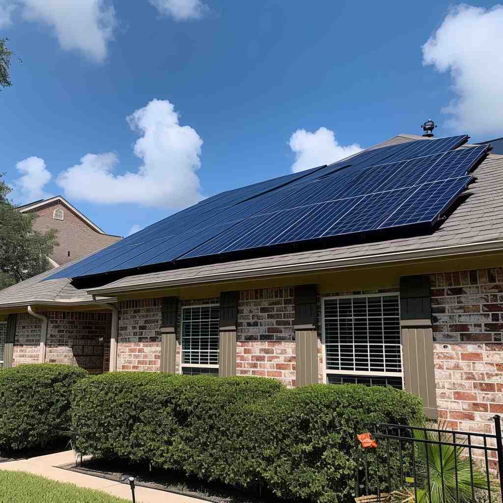 A detailed shot of solar panels on a home's roof, showcasing the technology used to harness sunlight for clean energy, emphasizing eco-friendly residential power solutions.