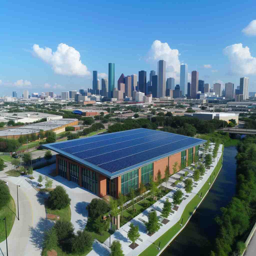A rooftop commercial solar installation overlooking downtown Houston, blending renewable energy with urban skyline views, showcasing the city's embrace of sustainability.