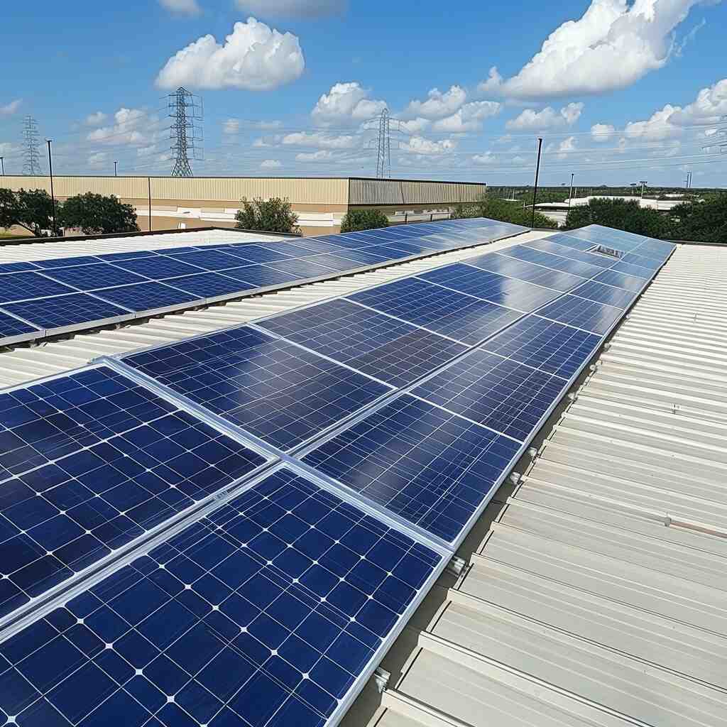 Solar panels installed on the roof of a commercial building, showcasing a sustainable energy solution. The panels are arranged neatly across the flat roof, visible against the backdrop of the building's industrial design.